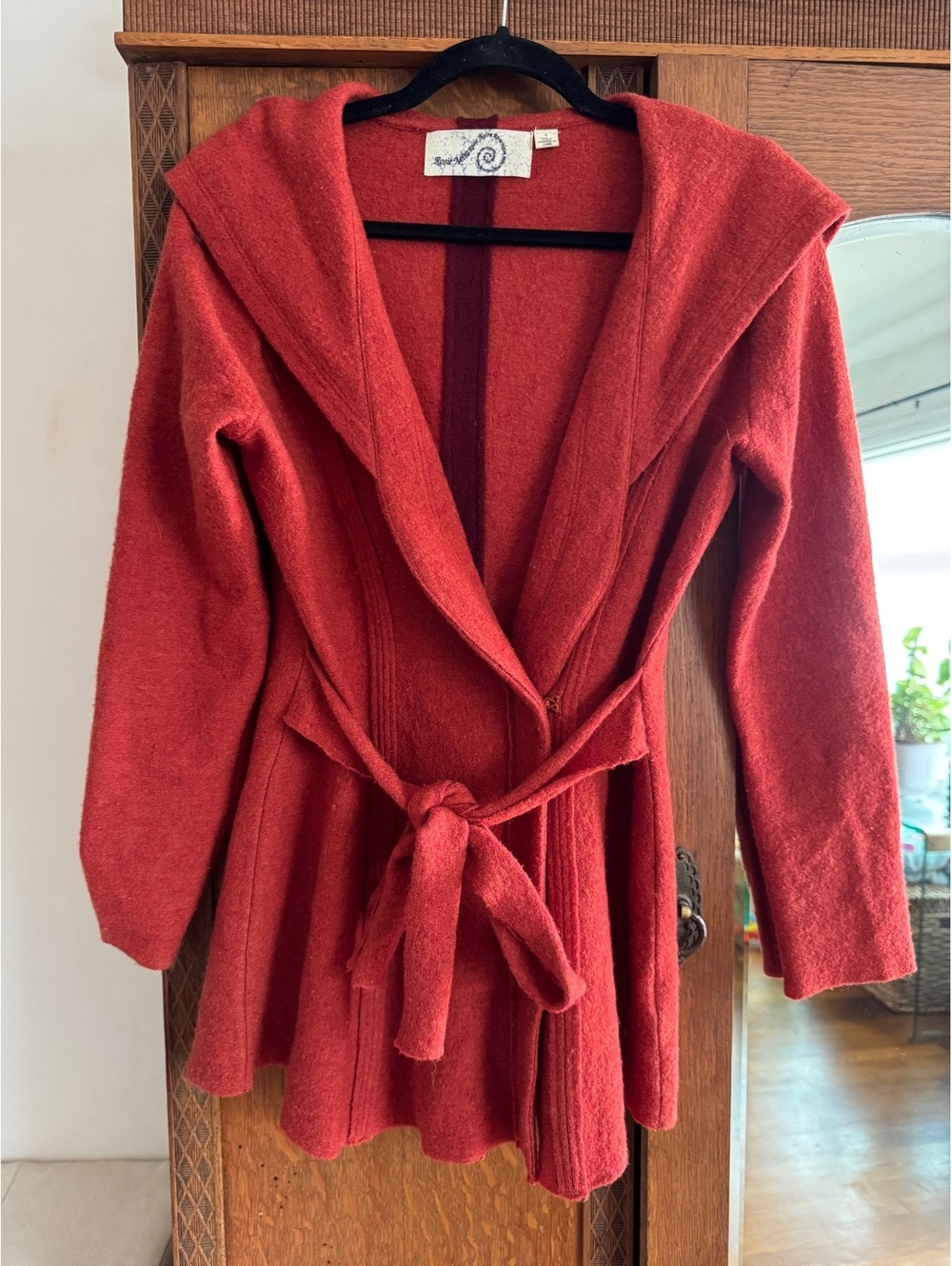 Rosie Neira for Anthropologie 100% Wool Hooded Wrap Cardigan Rust Red Terracotta